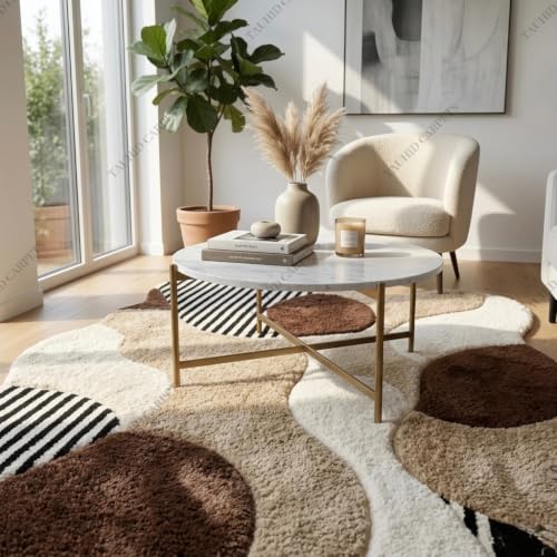 Image of Tauhid Carpet Super Soft Microfiber Shaggy Area Rug | Modern Irregular Abstract Beige Brown & Ivory Plush Carpet | Fluffy Floor Rug for Living Room, Bedroom 6 x 8 Feet.