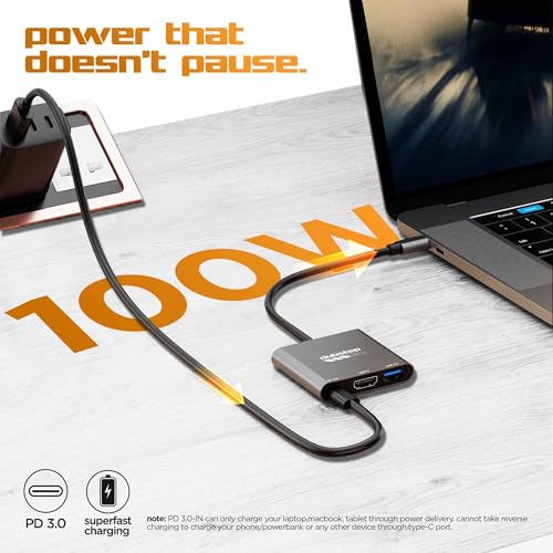 Image of Dubstep SnaplinkGo 3-in-1 Type C to HDMI USB Hub, Grey, Aluminium Alloy, 4K Output, USB 3.2 High Speed Data Transfer, PD 3.0 Charging (Grey)