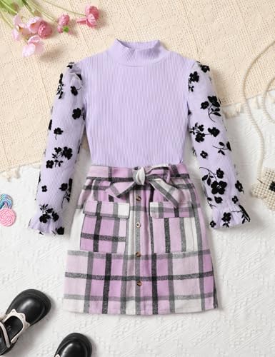 Image of Toddler Girl Clothes Girls Outfits Flare-lace Sleeve Top and Plaid Skirt Dress Fall Winter 2Pcs Girls Clothes 5-12T