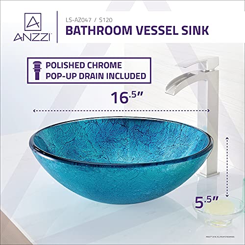 Anzzi Accent Modern Tempered Glass Vessel Bowl Sink In Blue Ice | Aqua Top Mount Bathroom Sinks Above Counter | Round Vanity Countertop Sink Bowl With Pop Up Drain | Ls-Az047 #TOP4