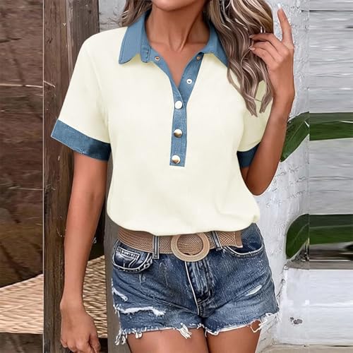 Chemise décontractée respirante contre la chaleur blouse été patchwork denim