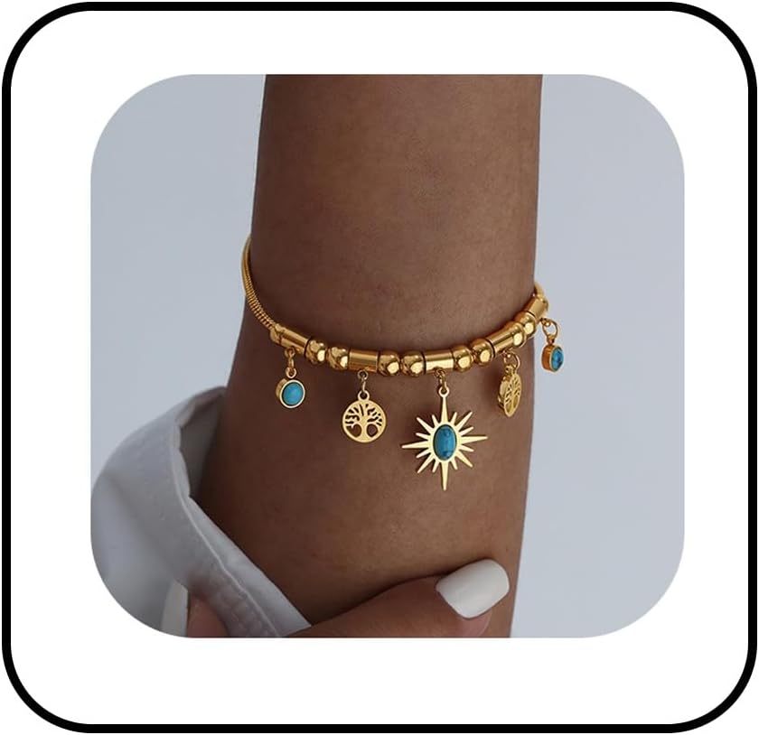 Turquoise Beaded for Women Vintage Sunflower Boho Charm Bangle Adjustable Layered Wrist Accessory Y2K Fashion Classic Jewelry