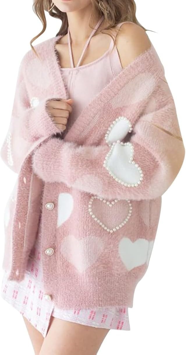 Women's Cute Heart Cardigan Sweaters Love Print Valentin's Day Sweater Button Up Front Oversized Knit Top - Image 2