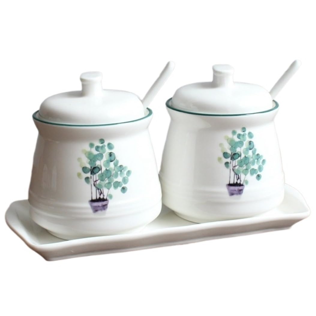 AZHKJKZH Seasoning Box Set Ceramic Sugar Container Seasoning Box With Lid And Spoon Pot Spice Set Salt Sugar Jar(E)