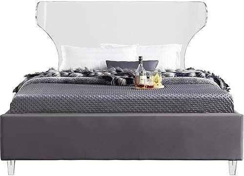 Vista 4 de Meridian Furniture Colección Ghost Modern Cama tapizada de terciopelo contemporánea con cabecera y patas acrílicas, tamaño matrimonial, color gris