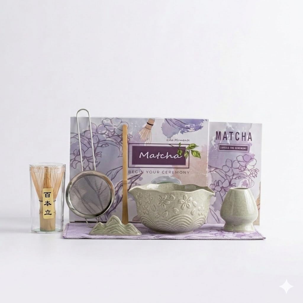Matcha Whisk Set, 7-Piece Matcha Tea Set for Making Latte, Japanese Matcha Set with Traditional Chasen for Authentic Tea Ceremony (Matcha Green, 7PCS)