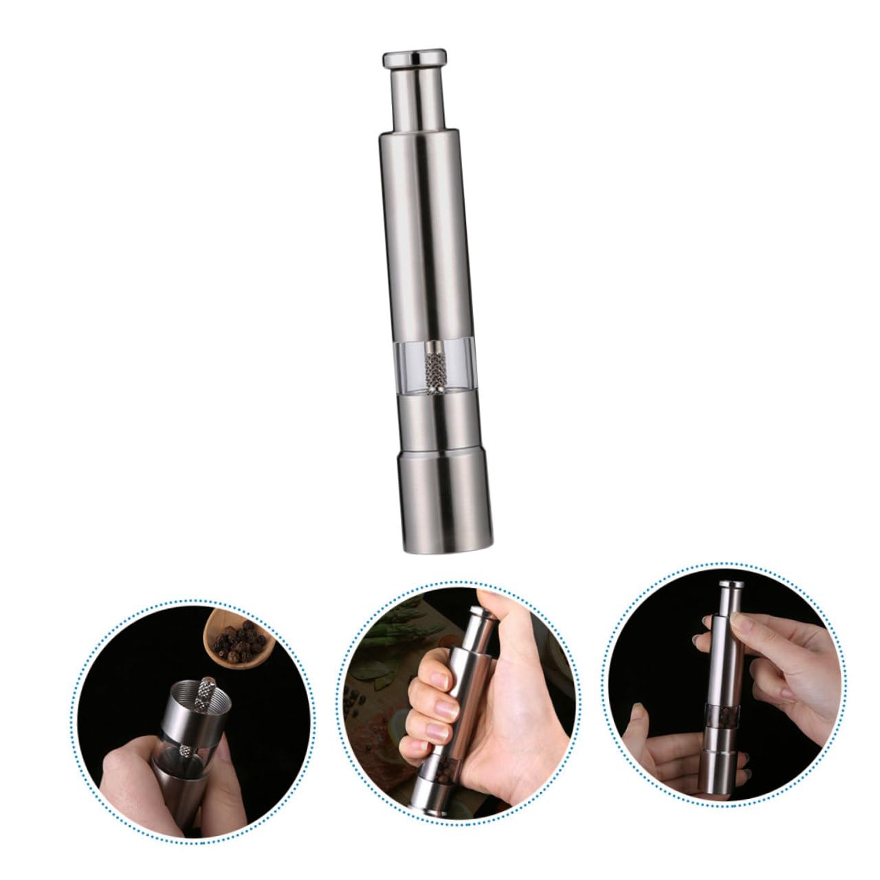 minkissy Pfeffermühle aus Edelstahl mit Feinem Mahlwerk und Druckknopfbedienung Silberfarbene Gewürzmühle zum Würzen in Küche