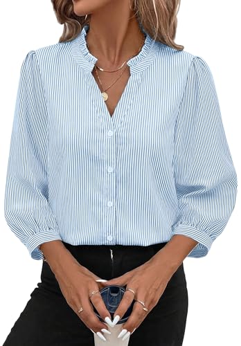 SimpleFun Spring Tops for Women 2026 Striped Button Down Shirt Dressy Casual Work Blouses Blue and White L