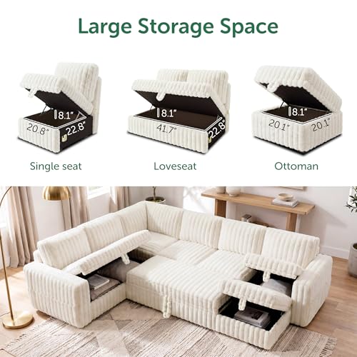 Image of HONBAY Plush Corduroy Modular Sectional Sofa with Pull Out Bed, Convertible U Shaped Couch with Storage,Sleeper Sectional Couches for Living Room,Plush Beige