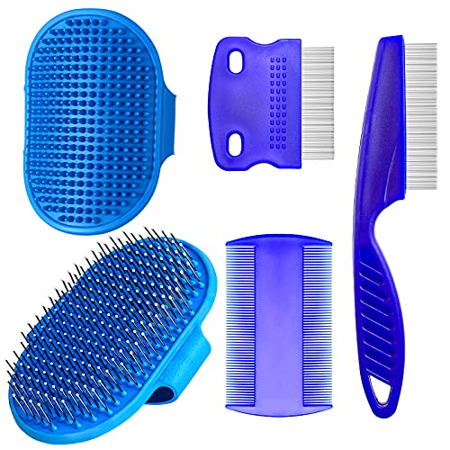 5 Pieces Pet Comb Sets Dog Shampoo Brush Massage Rubber Bathing Brush with Adjustable Strap Dog Flea Comb and Brush Pet…