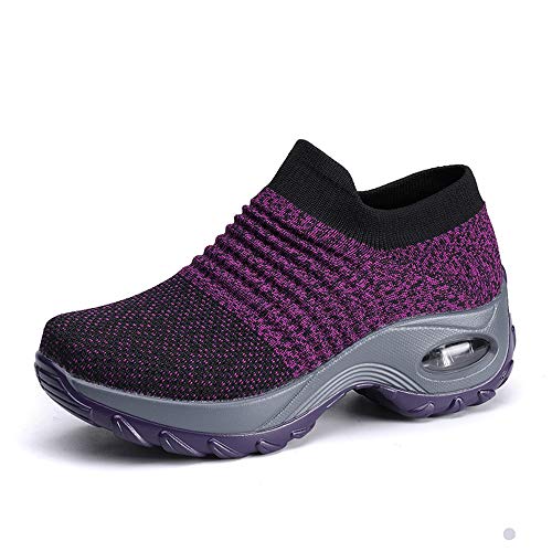 Damen Schlankheitsschuhe Laufschuhe Plateauschuhe Gewicht Luft leicht elastisch Sport Laufen Yoga Tennis zum Überziehen Sportschuh Netzstoff flach Sommer, 03 violett, 41 EU