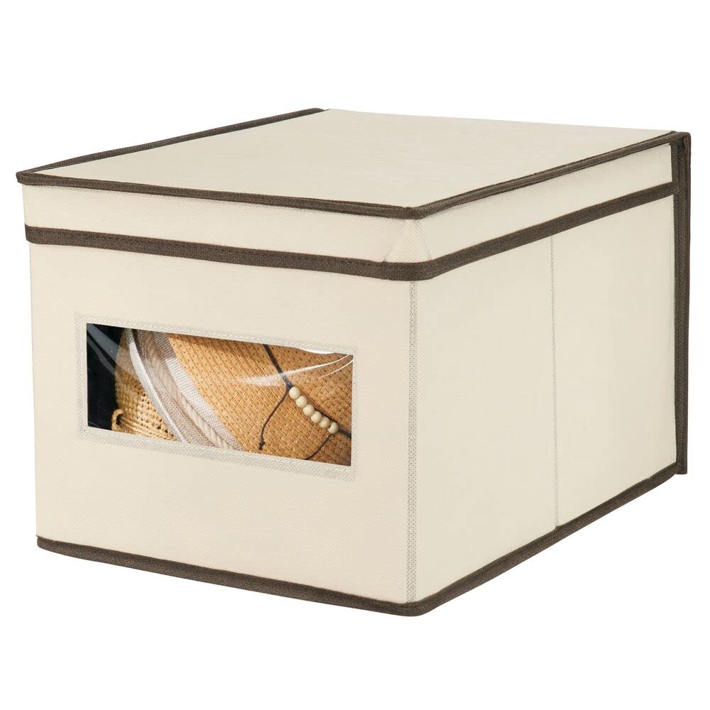 mDesign 6er-Set Stoffbox – praktische Aufbewahrungsbox mit Deckel und Sichtfenster für Schlaf-, Wohn- oder Badezimmer – stapelbare Schrankbox aus atmungsaktiver Kunstfaser – cremefarben/braun