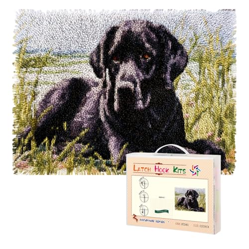 Latch Hook Rug Kit Black Labrador Dog Pre-Printed Handmade Carpet Crochet Yarn Craft DIY Hook and Latch Door Mat Tapestry for Home Floor Decoration 52x38cm-1