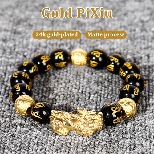 buiufish Feng Shui Obsidian Bracelet, 24k Gold Plated Pixiu Bracelet Dragon Protection for Men Women, 12mm Mantra Prayer Beads Bracelets Meaning to Attract Wealth and Good Luck3
