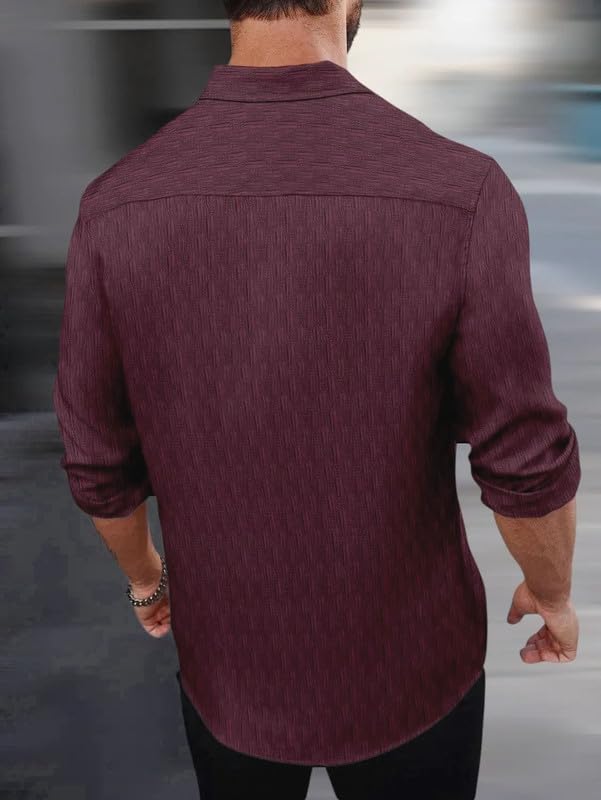 Image of DEELMO Men's Regular Fit Button Down Dress Shirts Textured Long Sleeve Casual Hawaiian Shirt (in, Alpha, 2XL, Regular, Dusty Rose-New)