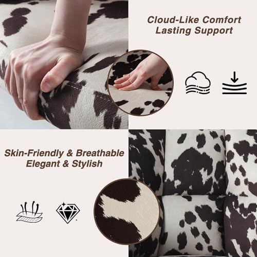 Image of Modern Swivel Home Office Desk Chair with Wheels, Cow Print Velvet Height Adjustable Comfortable Ergonomic Upholstered Vanity Make up Chair, Cute Cowhide Computer Armchair for Living Room Home