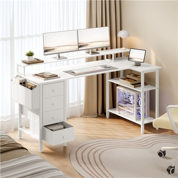 Yaheetech Schreibtisch mit 4 Schubladen & 2 Regalen, 140x68 cm Eckschreibtisch mit Monitorständer, L Form mit USB & Steckdose, Wendbarer Gaming Tisch für Büro, Arbeitszimmer, Schlafzimmer, Weiß