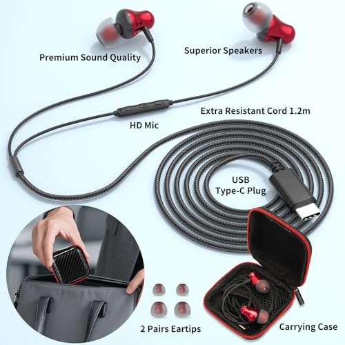 Image of ACANDYA USB C Headphones with Mic in-Ear Wired Earbuds for Work Calls Red | Noise Isolating USB C Headphone Wired Earbuds for Commute Travel Earphones with Microphone Portable for Subway Bus Plane