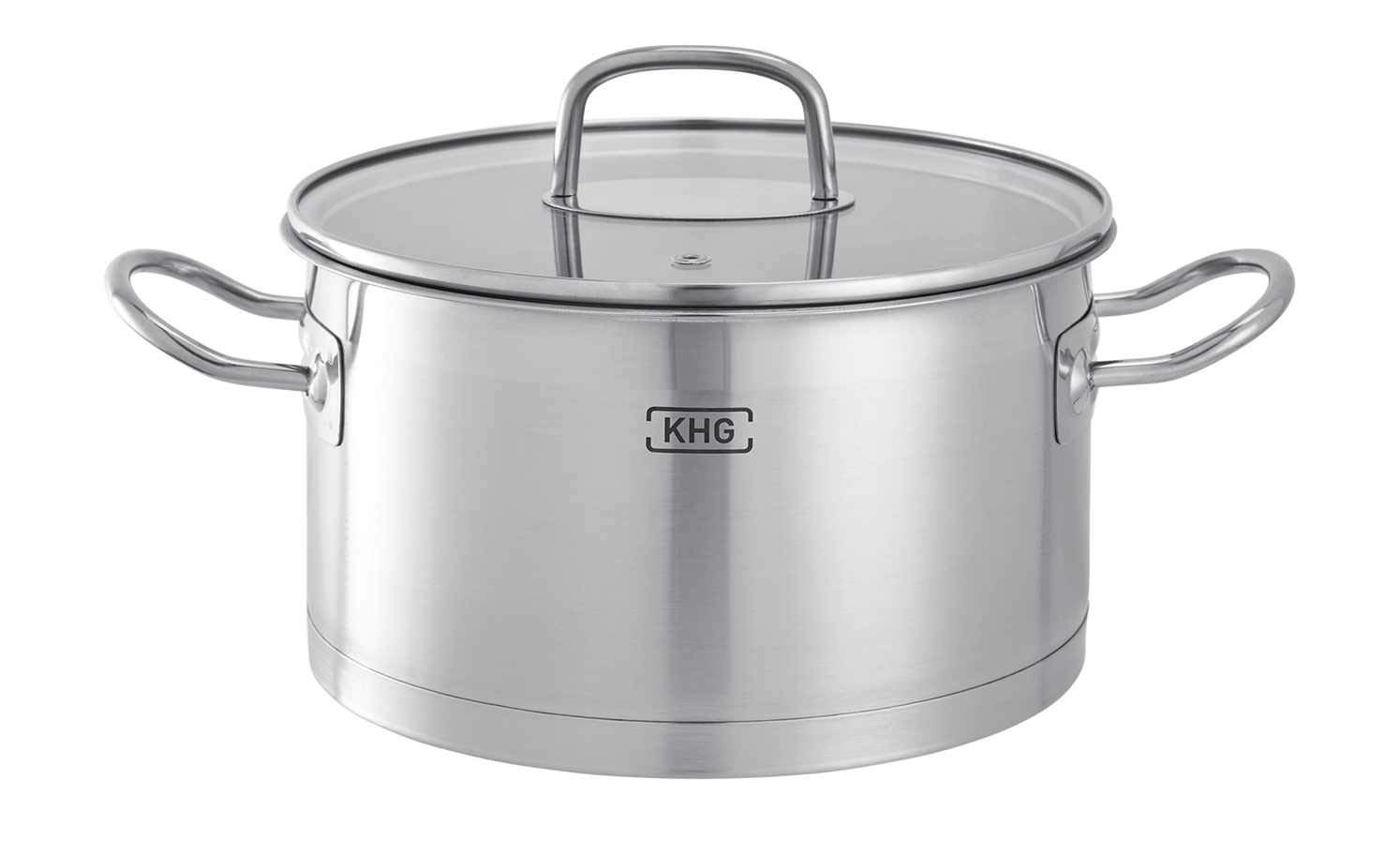 KHG Topfset 4-teilig Edelstahl Induktion Kochtopf 16 cm, 20 cm, 24 cm mit Glasdeckel, 16 cm Kasserolle Innenskala, spülmaschinengeeignet