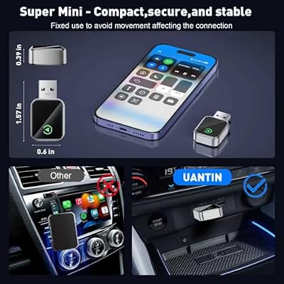 UANTIN Wireless CarPlay Adapter for Apple iPhone iOS 10& Cars from 2015+, Mini Edition, Converts Factory Wired to Wireless CarPlay Dongle Plug & Play, USB A/C