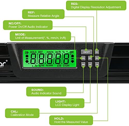 Aluminum Alloy Electronic Spirit Level, Huepar 60cm Magnetic Torpedo Level Bubble Ruler with Scale Digital Torpedo Level and Protractor, Bottom Ruler, Soft Rubber Handle & Carrying Bag