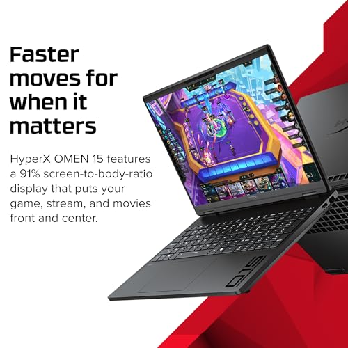 Image of HP HyperX OMEN 15 inch Gaming Laptop, 2K 165Hz Display, AMD Ryzen 5 240, 16 GB RAM, 512 GB SSD, NVIDIA GeForce RTX 5050 GPU (8 GB Dedicated), Windows 11 Home, Shadow Black, 15-gb0099nr