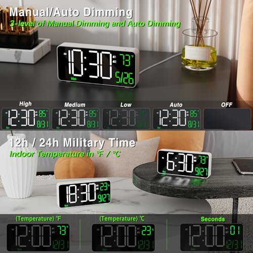 Image of KOSUMOSU Digital Alarm Clock,6.7in Small Digital Clock for Bedroom,Auto Dimming,Date,Week,Seconds or Indoor Temperature,LED Desk Clocks for Living Room, Alarm Clocks for Bedrooms