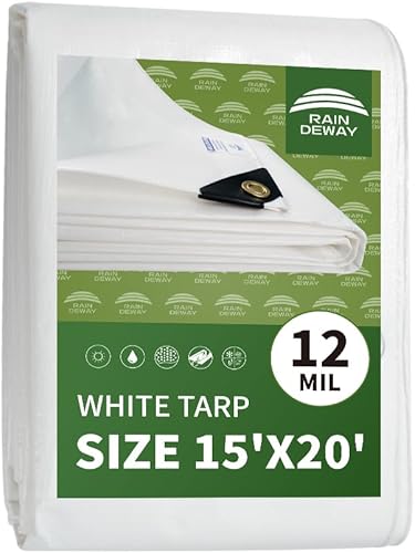 Miniatura 1 de RAINDEWAY Lona blanca resistente de 12 mil de 15 x 20 pies, resistente a los rayos UV, impermeable, resistente a la intemperie, con ojales de metal