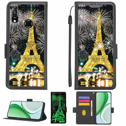 Aroepurt Case Compatible for Vodafone Smart X9 Phone Case Flip Cover [with Tempered Glass Screen Protector][RFID Blocking][Gold Glitter+Luminous] LPT-TT