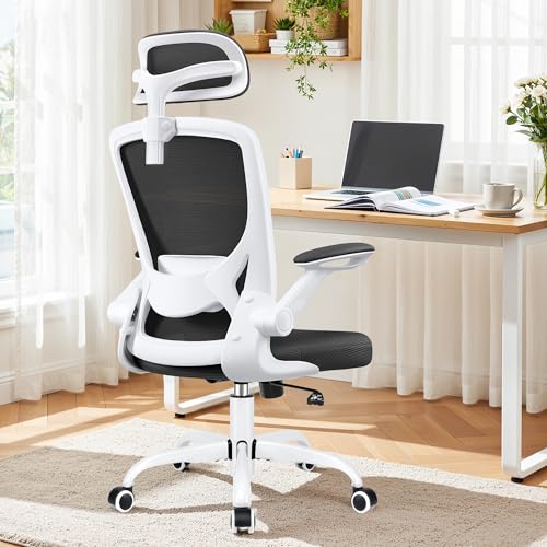 Image of Ergonomic Office Chair, Computer Desk Chairs with Adjustable Lumbar Support | Breathable Mesh Office Chair with Filp-Up Arms, Swivel Desk Chair Comfy for Home Office, Prolonged Sitting, High Back, White