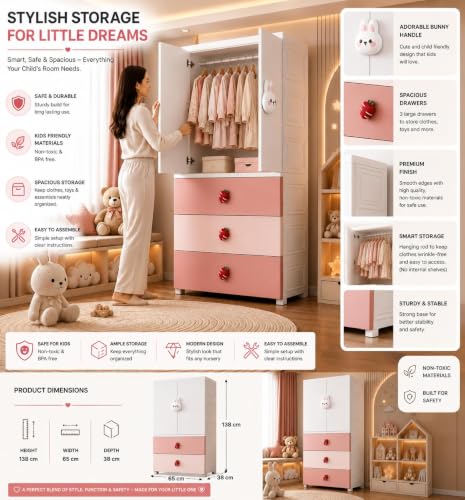 Image of HIWARE Premium Modular Wardrobe for Bedroom, Kids Room and Home | Spacious Clothes Storage Cabinet with Drawers and Shelves | Modern Stylish Design, Heavy Duty, Multiuse Organizer- SJ6514-PINK Rabbit