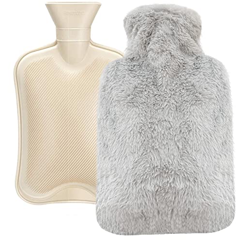 Bouillotte Eau Chaude 1,8 Litres avec Caoutchouc Naturel et Housse Peluche Ultra Douce,Amovible Et lavable Bouillotte Eau Chaude,pour Soulagement de la Douleur, Dos, Cou et Épaules