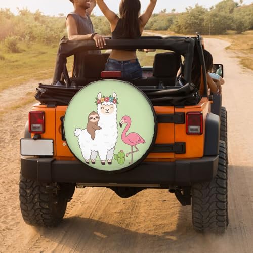Image of Delerain Llama Sloth Flamingo Spare Tire Covers Waterproof Dust-Proof Spare Wheel Cover Universal Fit for Trailer, RV, SUV, Truck and Many Vehicle (17 Inch for Diameter 31 inch-33 inch)