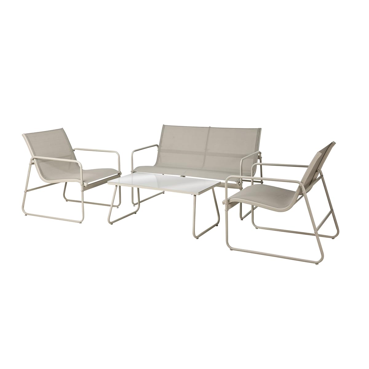 Acomoda Textil - Conjunto de Jardín 4 Piezas con Sofá, 2 Sillones y Mesa de Centro. Set Exterior para Terraza, Patio o Balcón Fácil Instalación. (Beige)