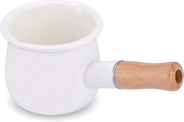 Enamel Milk Pan, Mini Butter Warmer 10cm Enamelware Saucepan Pan Cookware with Wooden Handle, Perfect Size for Heating Smaller Liquid portions. (White)
