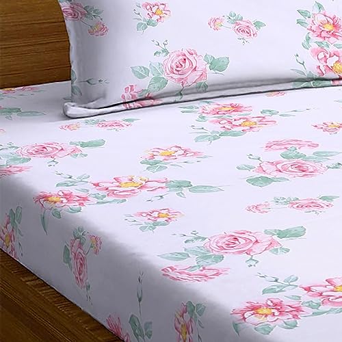 Image of NEW LEAF Premium Cotton Elastic Fitted Bedsheets with 2 King Size Pillow Covers | Double Bed with All Around Elastic 180 TC Supersoft | Size - 72 King Sizex78+10 inches | Blush Pink Rose