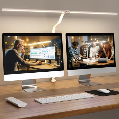 Image of LED Desk Lamp - Bright Dimmable Computer Lamp, 24W Bendable Desk Light for Monitor Screen, Eye-Caring Tall Desktop Light for Task Home Office Work, White, Dual Head