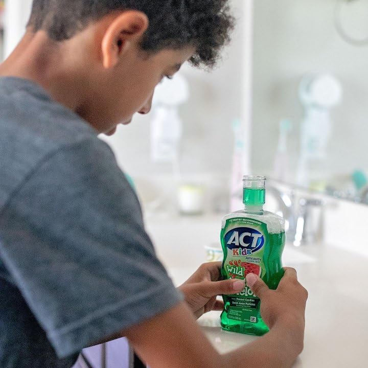 Image of ACT Kids Anticavity Fluoride Mouthwash, Sugar & Alcohol Free Mouth Rinse Strengthens Teeth, Wild Watermelon, 16.9 fl. oz.(Pack of 3)