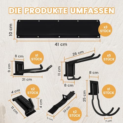 SDLDEER Gartengeräte Halterung, Garagen Wand Management Aufbewahrungsregal, Robuste Edelstahlhalterung mit 9 Haken, Besenhalterung Wand für Skiausrüstung Brush Mop Besen und Gartengeräte (Schwarz)