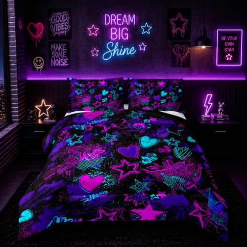 Image of Nttopship Purple Stars Comforter Set Twin Size,Galaxy Starry Printed Bedding Set,Purple Heart Room Decor with Soft and Lightweight Comforter and 2 Pillowcases