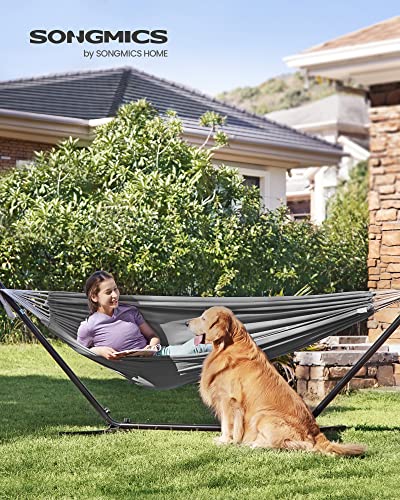 SONGMICS Hängematte, 210 x 150 cm, auf 5 Verschiedene Höhen verstellbar, Gestell aus Metall, bis 240 kg belastbar, für Garten, schwarzes Gestell und graue Hängematte GHS001G01 2
