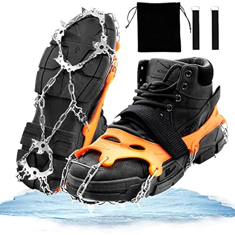 Traction Cleats Crampons, Ice Snow Grips for Shoes, Crampons for Walking Boots with 19 Teeth Stainless Steel Spikes, for Climbing Walking Hiking Mountaineering Fishing Jogging Skiing(Orange, XL) Cover