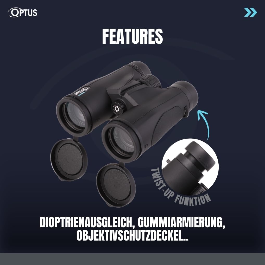 Optus Fernglas 10x42 mit Dachkantprismen, 10x Vergrößerung, mehrfach vergütete Optik, für Brillenträger, Gummiarmierung, Stativanschluss