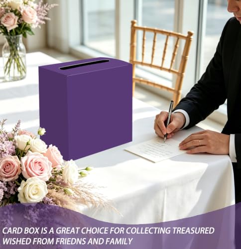 Image of SietDESEO Purple Card Box for Graduation Large Cardboard Gift Card Box Holder for Wedding Reception Birthday Graduation Baby Shower Raffle Ticket Box with Slot