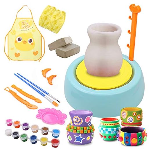 IAMGlobal Pottery Wheel, DIY Pottery Studio with Apron, Craft Activity with Stickers, Artist Studio, Ceramic Machine with Air-Dry Clay, Educational Toy for Kids Beginners (Green)