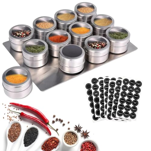 Smith & Barker - 12 Powerful Magnetic Spice Tins- Stainless Steel Spice Storage Containers, Kitchen Spice Jars with Clear Lid with Sift & Pour, Wall Stainless-Steel Base, Includes 120 Labels