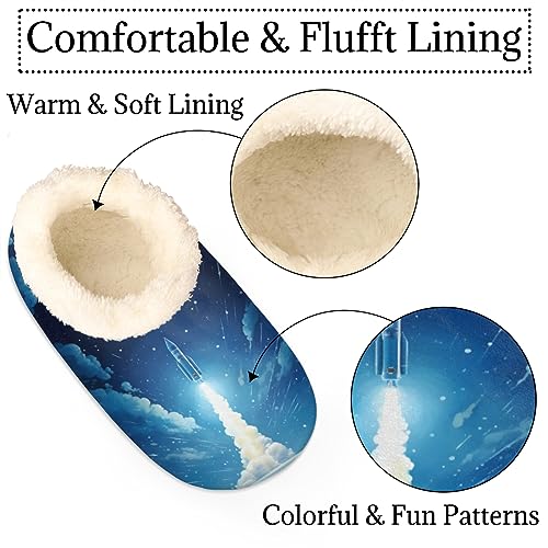 Space Rocket Slippers for Women Men, Galaxy Planet House Slippers Socks Warm Fuzzy Memory Foam Indoor Slippers Lightweight Cozy Anti-Skid Closed Back Home Shoes, Medium2