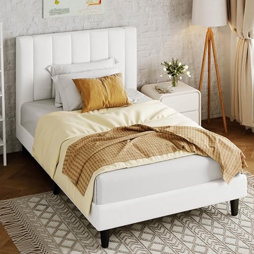 Image of Allewie Twin Bed Frame /Velvet Upholstered Bed Frame with Vertical Channel Tufted Headboard /Strong Wooden Slats /Platform Bed Frame /Mattress Foundation /Box Spring Optional /Easy Assembly /White