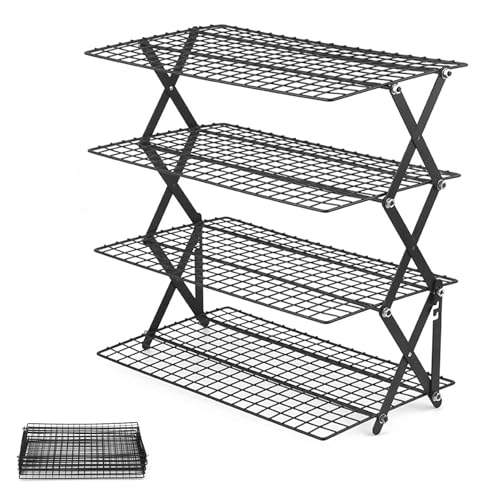 Foovslzw 4 Tier Collapsible Cooling Rack, Adjustable 3 Setting Stackable Foldable Wire Rack for Baking Cooking Roasting Drying Cookies Cakes Muffins, Space Saving Baking Gift  