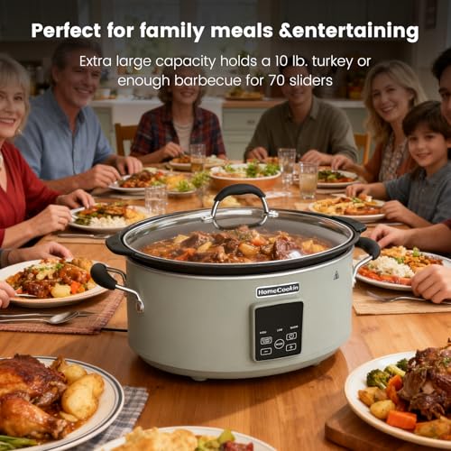 Image of HOMECOOKIN Slow Cooker, Extra Large 10 Quart Programmable Slow Cookers with Timer, Dishwasher Safe Glass Lid & Crock, Kitchen Appliance for Families and Gatherings, Olive